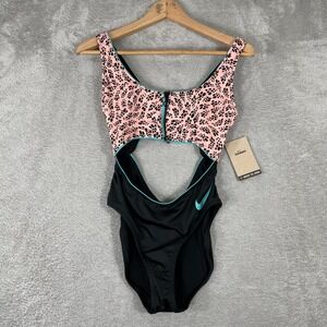 Nike Swimsuit Womens Medium Pink Black Leopard Print Zip Front Cutout One Piece
